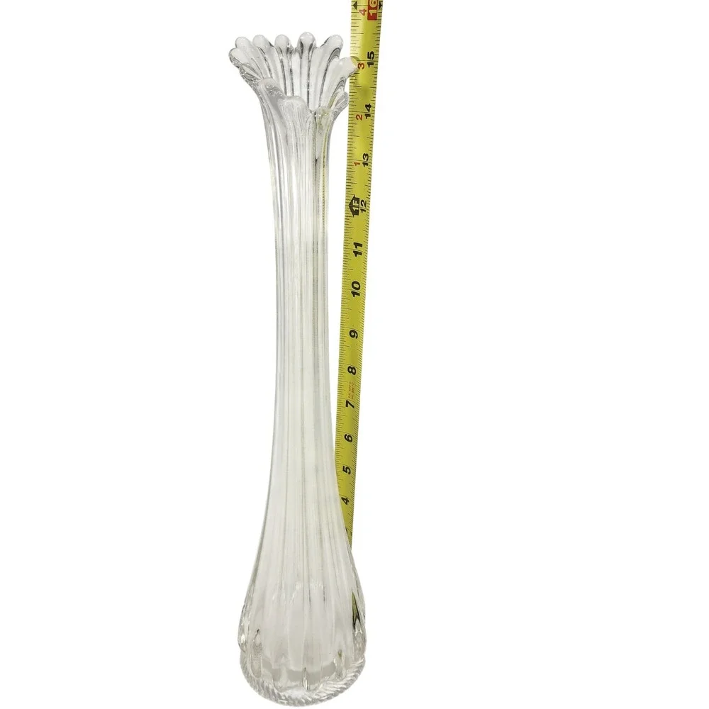 Vintage Clear Swung Glass Bud Vase 15 Inch Ruffled Finger Rim Ribbed Base